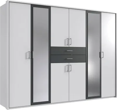 A white and gray wardrobe with mirrored doors.