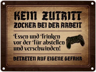 Produktbild von Zocker bei der Arbeit Metallschild in Holzoptik mit Controller Motiv zocken Game