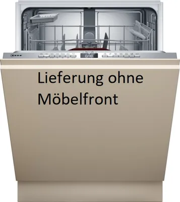 A front view of a built-in dishwasher with its door open, revealing the interior racks and spray arms. Text is overlaid on the lower part of the door.
