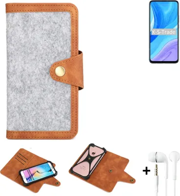 Produktbild von K-S-Trade Handyhülle + Kopfhörer kompatibel mit Huawei Enjoy 10 Plus Schutzhülle Filz Hülle Kunstleder hellgrau braun (1x)