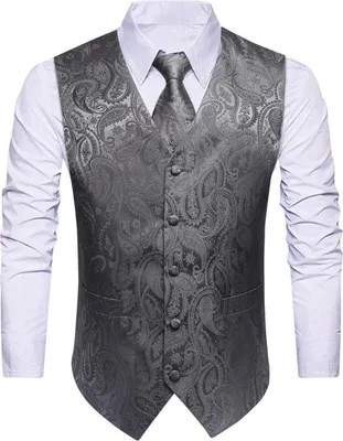 Produktbild von HISDERN Herren Weste Paisley Floral Jacquard Krawatte Einstecktuch Set Grau XS