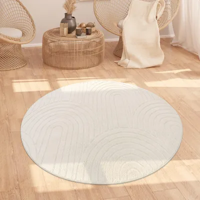 Produktbild von Teppich Kurzflor waschbar Struktur Wohnzimmer schmutzabweisend Creme Rund 160D | 100% Polyester | Florhöhe: 12 mm