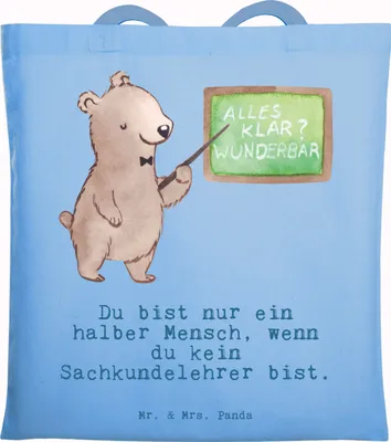 Produktbild von Mr. & Mrs. Panda Tote Bag Sachkundelehrer Herz - Sky Blue - Geschenk, Beutel, Spruch, Lustig, Jutebeutel, Unitasche, Witzig, Sachkundeunterricht, Laptoptasche, Tasche