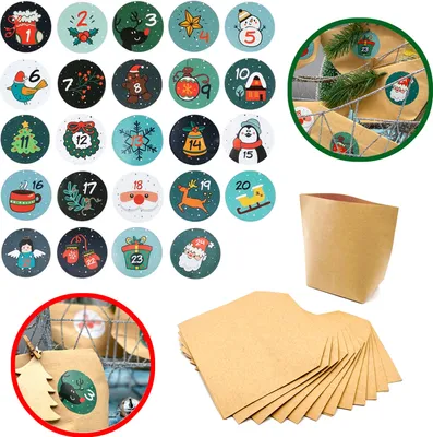 A collage of Christmas-themed advent calendar stickers, paper bags, and a kraft paper holder.