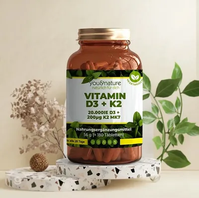 Produktbild von Vitamin D3 + K2 MK7 20.000 IE + 200 µg 180 Tabletten