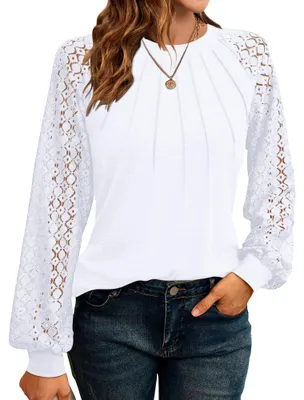 Imagen del producto de Blusa de mujer con mangas largas y encaje, color blanco