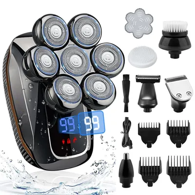 Produktbild von Rasierer Herren Elektrisch, 7 in 1 Elektrorasierer Herren mit 7 Rotierende Scherköpfe, IPX7 Wasserdichter Kopfrasierer, Elektrischer Rasierer Herren