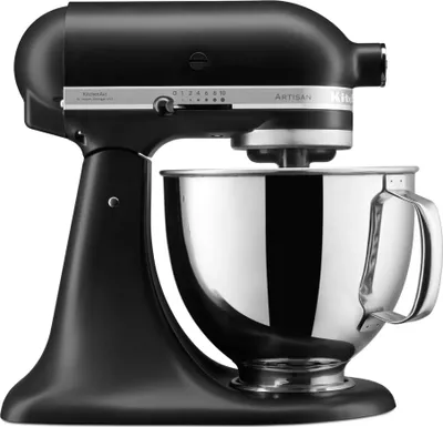 A black KitchenAid Artisan stand mixer with a silver bowl is shown against a white background.