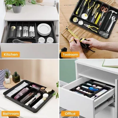 Obrázok produktu pre Rozšíriteľný organizér na príbory, veľký, čierny, plastový