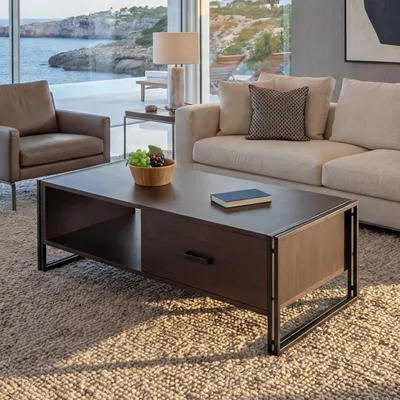 Obrázek produktu pro Konferenční stolek HWC-A27, stolek do obývacího pokoje, 41x120x60cm 3D konstrukce, kov MDF  tmavě hnědý