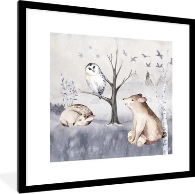 Produktbild von MuchoWow® Gerahmtes Poster Tiere - Winter - Hirsche 40x40 cm - Poster mit Schwarzem Bilderrahmen Wandposter Rahmen Foto Bilder - Poster - Plakat im Rahmen