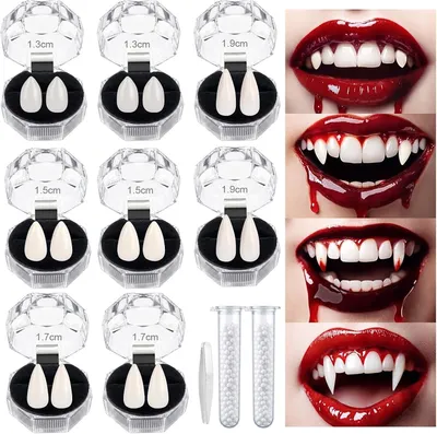 Imagen del producto de Dientes artificiales para vampiros, 8 pares, 4 tamaños (13-19 mm), ideales para Halloween