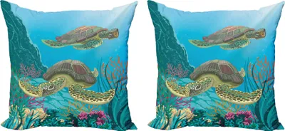 Produktbild von ABAKUHAUS Meerestiere Kissenbezug Set (2Stück), Illustration Von Zwei Meeresschildkröten, Unterwasserwasser Wild Tiere Druck, 45 x 45 cm, Mehrfarbig