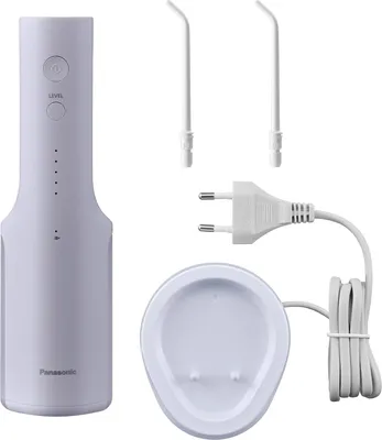 A white Panasonic water flosser set, including the main unit, two nozzles, a charging base, and a power adapter, is displayed against a white background.