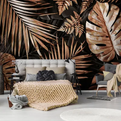 Produktbild von Vlies Fototapete Blätter Gold 3d Effekt (368x254 cm - 4 Bahnen) schwarz Glamour Natur Pflanzen Tropische Dschungel Wohnzimmer Schlafzimmer Wandtapete Modern Tapete Latexdruck UV-Beständig Geruchsfrei Hohe Auflösung Montagefertig