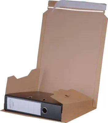 A cardboard shipping box with a binder inside.
