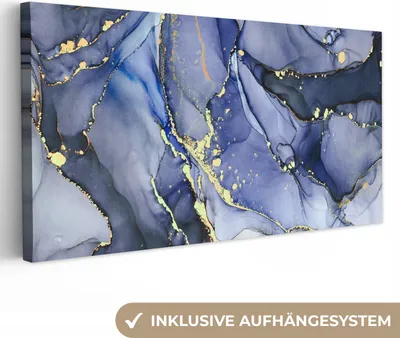 Produktbild von MuchoWow® - Leinwandbilder - Marmor - Gold - Abstrakt - Blau, Wandbild, Wanddeko Bilder Wohnzimmer, 40x20 cm