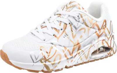 Produktbild von Skechers Damen UNO Metallic Love Trainers, White and Multi Metallic Heart Print