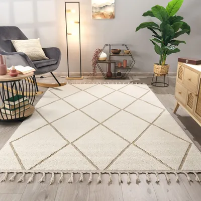 Produktbild von TT Home Wohnzimmer Teppich Esszimmer Kurzflor Skandinavisches Boho Design Uni 3D Fransen Größe 200x280 cm