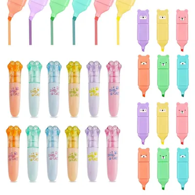Immagine prodotto di Set di pennarelli fluorescenti mini, 24 pezzi, 6 colori, motivo orso/zampa di gatto, plastica