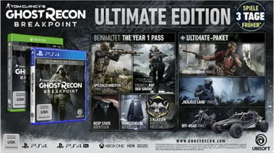 Promotional image for Tom Clancy's Ghost Recon: Breakpoint Ultimate Edition, showcasing game content and bonuses.