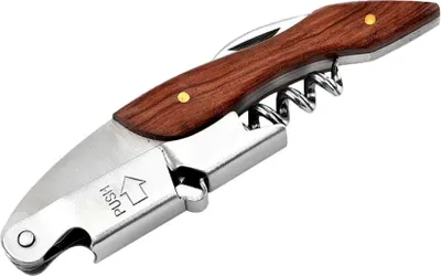 A single corkscrew with a wooden handle and metal components, shown against a white background.
