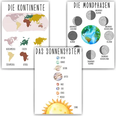 Produktbild von 3er Set Lernposter Kontinente Sonnensystem Mondphase Kinderposter | Kinderzimmer Wandbilder Kindergarten Grundschule Kinder Lernhilfe Poster – DIN A4 (21x29.7cm)