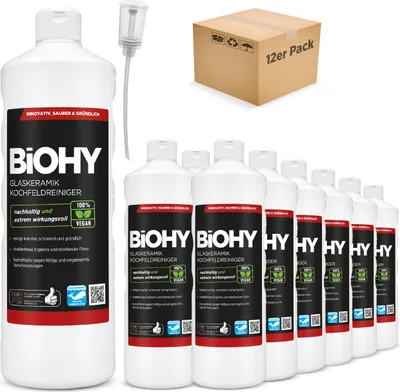 Produktbild von BiOHY Glaskeramik Kochfeldreiniger (12x1l Flasche) + Dosierer | Optimal zur Reinigung und Pflege von Kochfeld und Induktion | Geeignet für ALLE GERÄTE