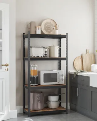 A kitchen scene with a shelving unit filled with appliances and kitchenware.