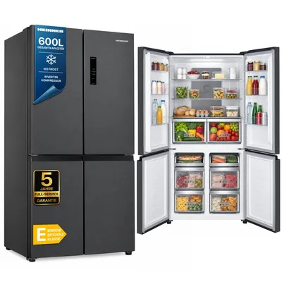 Produktbild von Heinner HSBS-HM600MDNFDXE++, Freistehend, Amerikanische Tür, Anthrazit, Edelstahl, 4 Tür(en), Berührung, LED