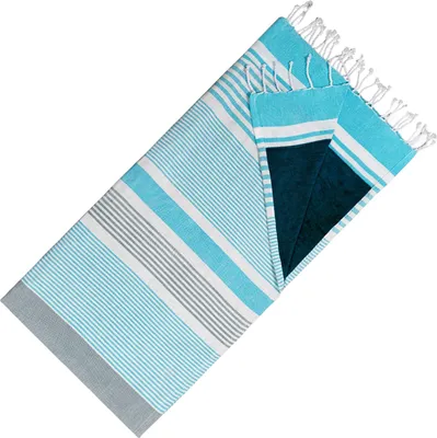 Produktbild von Hamamtuch Doppelseitiges Kikoy-Tuch & Frottee – Trendiges Hamamtuch – 100 % Baumwolle – 95 x 175 cm – Ozeanblau-Grau