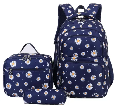 Image de Ensembles de sacs à dos pour l'école avec motif de marguerites : sac à dos (30x16x43 cm), sac à lunch (25x11x21 cm), trousse (20x6x6 cm). Résistant à l'eau, léger, en nylon. Sac d'école