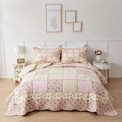 Tagesdecke Blumen-Patchwork 100% Baumwolle 230x250 cm rosa