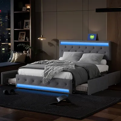Produktbild von CDGlobal Polsterbett 140x200cm, Doppelbett mit USB/Type-C und 4 Schubladen, Stauraumbett Jugendbett mit Lattenrost und Led, Funktionsbett Massivholzbett, Leinen, Grau