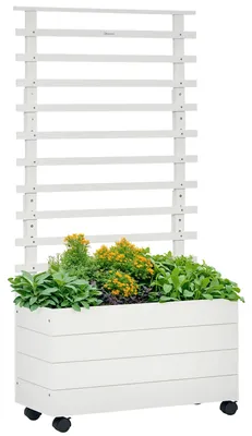 Obrázok produktu pre Kvetináč s mriežkou Kvetináč s kolieskami Vyvýšený záhon pre popínavé rastliny Prírodné drevo Biela 76 x 30 x 155 cm do záhrady