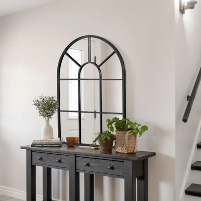 Produktbild von SUGIFT Wandspiegel mit Metallrahmen, Dekospiegel Fensterspiegel, gewölbter Rahmen, Schwarz | 91 x 60 cm | 7,0 kg | vorinstallierte Haken