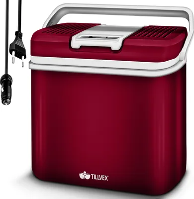 Produktbild von tillvex Kühlbox elektrisch 24L Rot | Mini-Kühlschrank 230 V und 12 V für KFZ Auto Camping | kühlt & wärmt | ECO-Modus