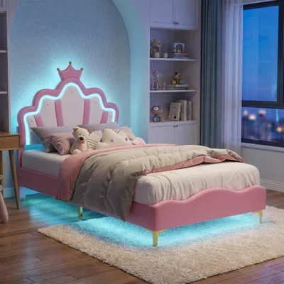 Obrázok produktu pre Detská postel INONEFT, 90x200 cm, s LED osvetlením, čalúnená posteľ s nastaviteľnou opierkou v tvare koruny, moderná jednolôžková posteľ s roštom, ružová