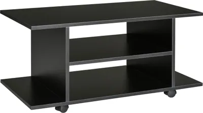 A black TV stand with shelves and wheels.