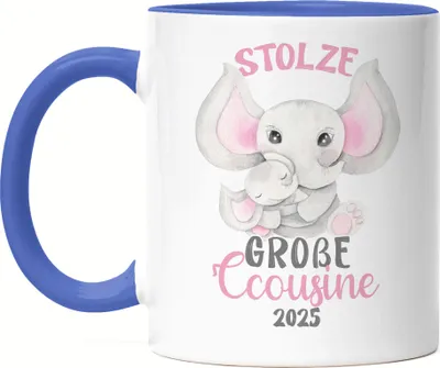 Produktbild von Stolze Große Cousine 2025 Tasse Blau Family Familien Zusammenhalt Geborgenheit Beschützerin Liebe Elefanten