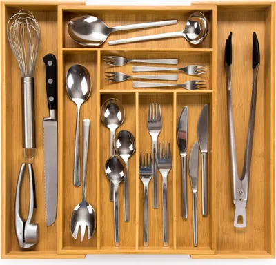 Produktbild von Budu Besteckkasten #47 (47cm) aus Bambus - Ausziehbar - Schubladen Ordnungssystem für die Küche - Besteckeinsatz für Schubladen aus Bambus
