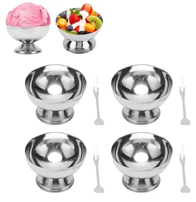 4 Eisbecher mit Gabeln, Edelstahl, 160 ml, silber, rund