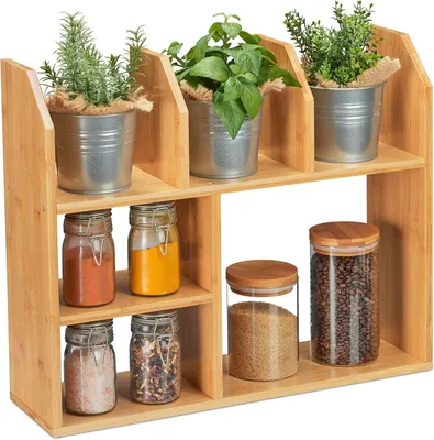 Zdjęcie produktu dla Półka na zioła z bambusa - 6 przegródek - 45,5 x 55 x 16 cm - Wolnostojąca szafka na zioła - Kuchnia - Łazienka - Salon - Naturalny styl