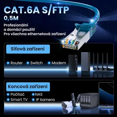Obrázek produktu pro Extralink Patchcord LAN Kat.6A S/FTP 0.5m Síťový kabel z měděného krouceného páru10Gbit/s, 0,5 m, Cat6a, SF/UTP (S-FTP), RJ-45, RJ-45, Modrá
