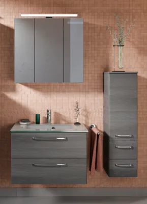 Produktbild von Badezimmer Set mit LED Beleuchtung und Glaswaschbecken TRENTO-66 in Graphit Struktur Nb., B/H/T: ca. 122/200/50 cm