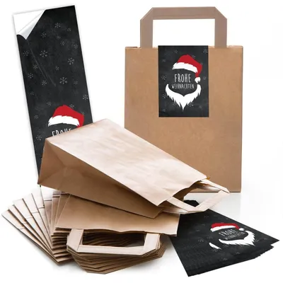 Produktbild von braune Weihnachtshenkeltüten mit Boden 18 x 8 x 22 cm + Nikolaus Weihnachtsbanderolen 7 x 21 cm 10 Stück25 Stück