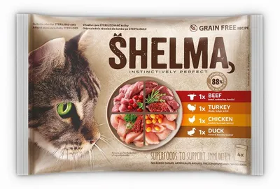 Image de SHELMA Riche en poulet, dinde, bœuf et canard - nourriture humide pour chats - 4x85g