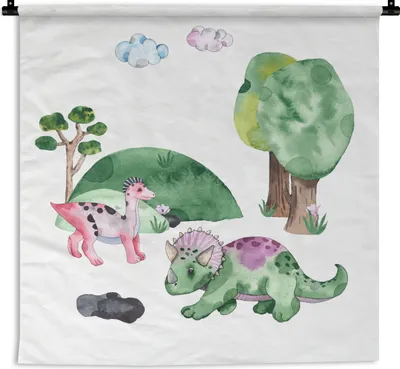 Produktbild von MuchoWow® Wandteppich Wandbehang Kinderzimmer - Dinosaurier - Weiß - Jungen - Mädchen - Kinder 150x150 cm Tapisserie Dekoration Wandtuch - Wohnaccessoires - Modernes