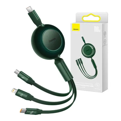 Produktbild von Baseus Bright Mirror 2 One-for-Three-Kabel (ausziehbar) für Smartphones, USB-C auf Micro-USB + Lightning + USB-C, 100 W, 1,1 m, grün „CAMJ010206“ – 6932172609160