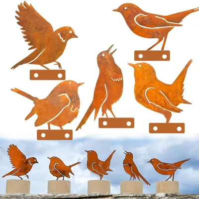 5er Set Rostige Vögel aus Metall – Gartendekoration